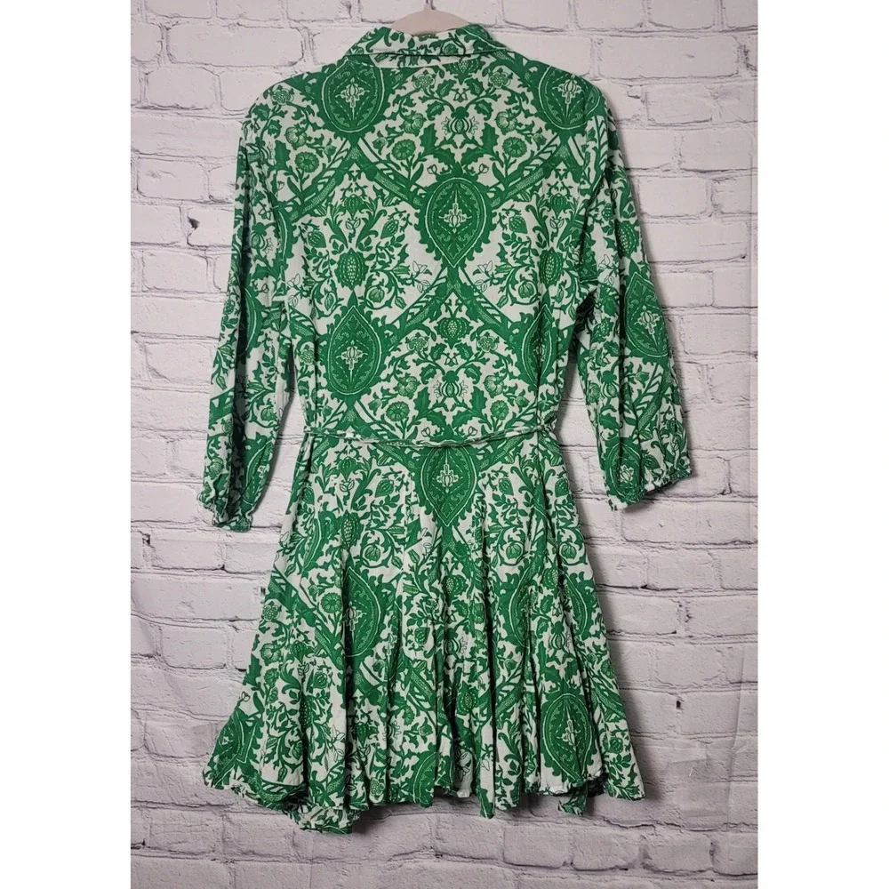 Goa Paris Green White Floral Cotton Shirt Dress 3/4 Sleeve Pockets M Cottagecore